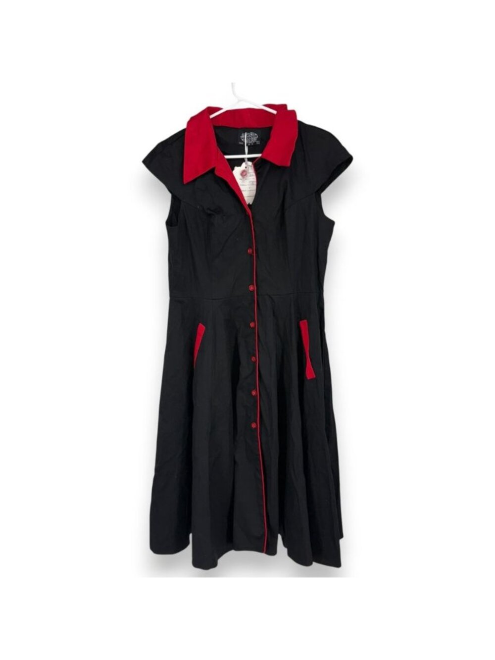 Hearts & Roses Women 10 Swing Dress Black Red Trim Button Front PinUp Retro UK